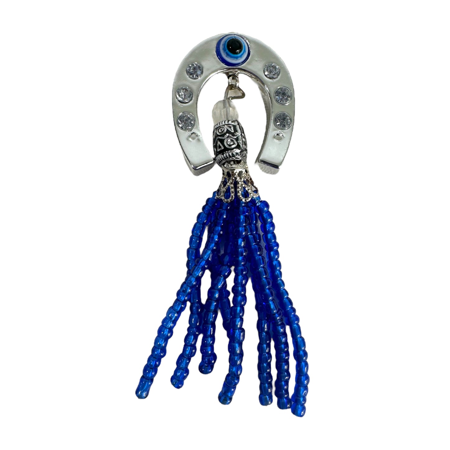 Blue & Silver Owl Ornament w/Spiritual Silver Evil Eye Horseshoe & Blue Bead Tassel - Good Luck - Hanging Accessories/Car Rear View Mirror - Key Chain