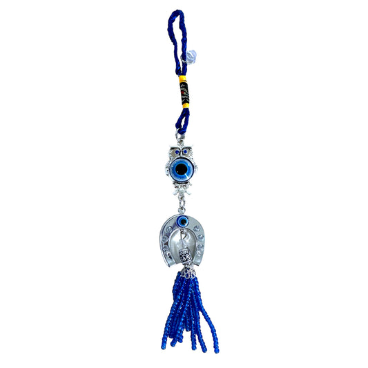 Blue & Silver Owl Ornament w/Spiritual Silver Evil Eye Horseshoe & Blue Bead Tassel - Good Luck - Hanging Accessories/Car Rear View Mirror - Key Chain
