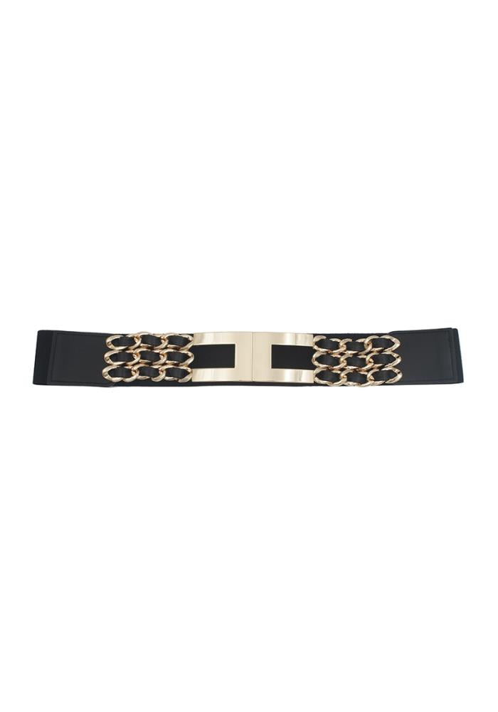 Gold Metal Plate & Chain Front Design Elastic Belt