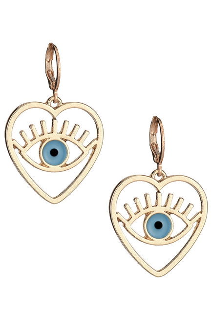 Gold Heart Evil Eye Circle Earrings